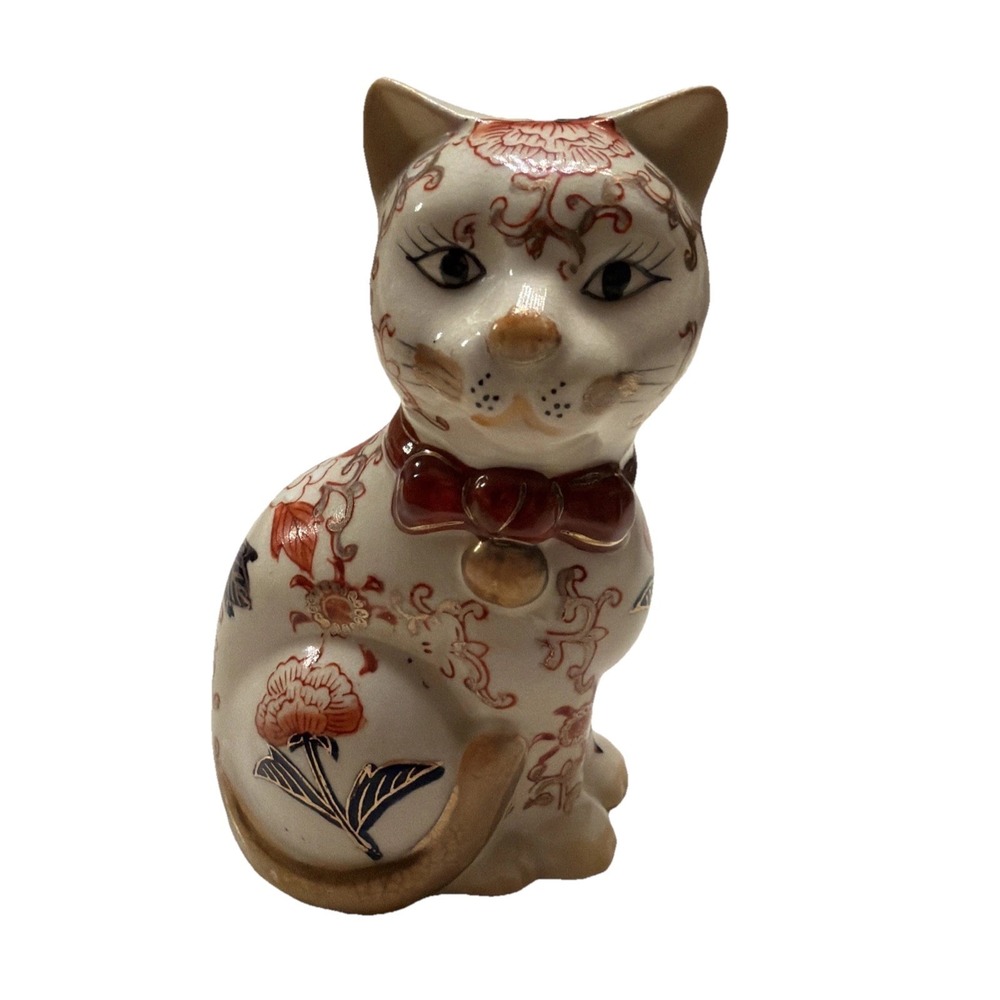 Vintage Cat Figurine Takahashi with Floral Arabesque & Leaves Side Stance 6 1/4"